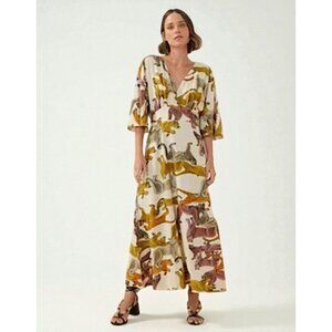 cortelle Puma Print Linen Midi Dress Dolman Sleeve Lions Panther Cat Print XS